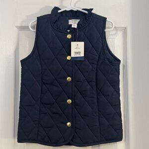 NWT Crown & Ivy Navy Blue Quilted Vest with Gold Accents and Ruffled Collar